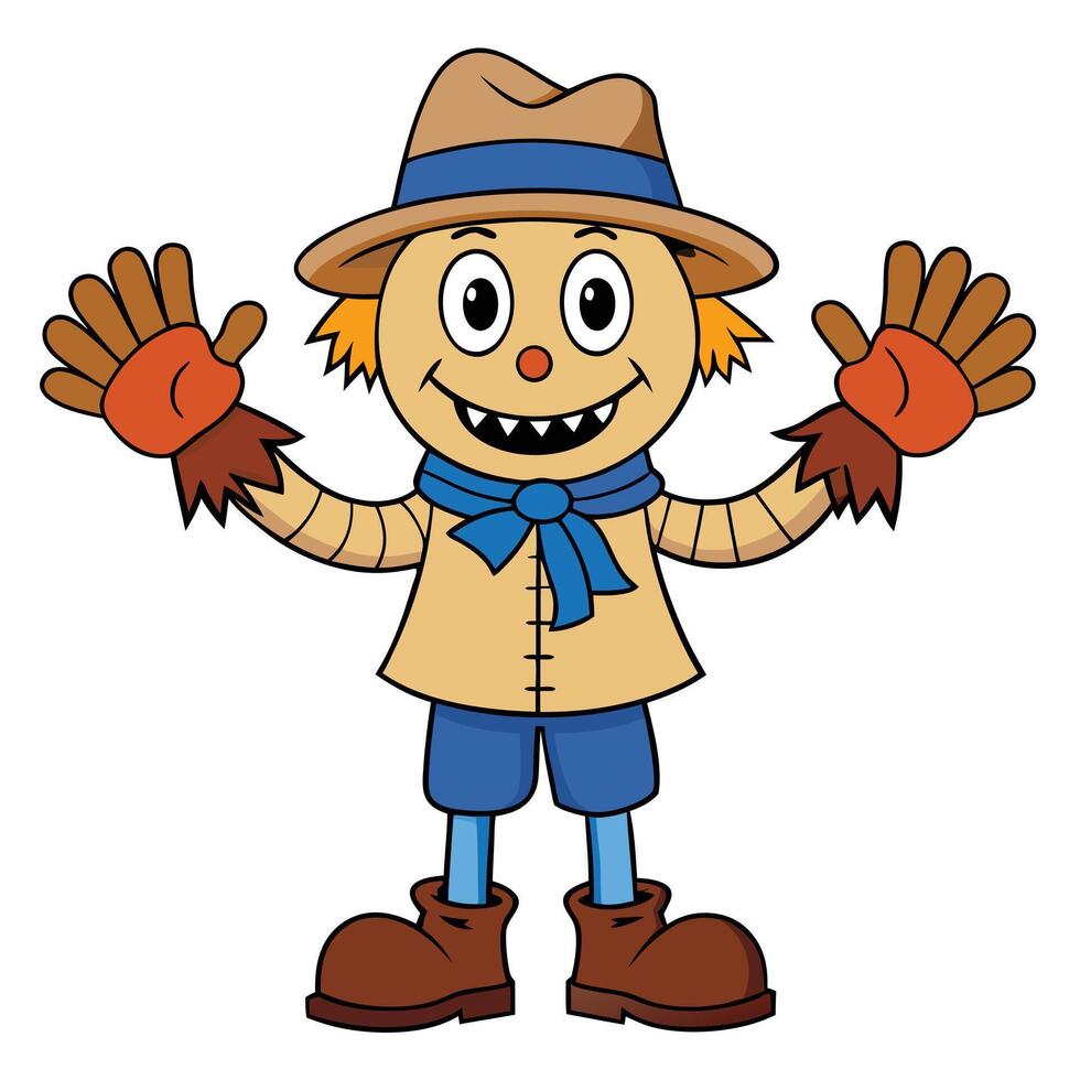 Cartoon scarecrow character illustration with happy expression for fall season vector