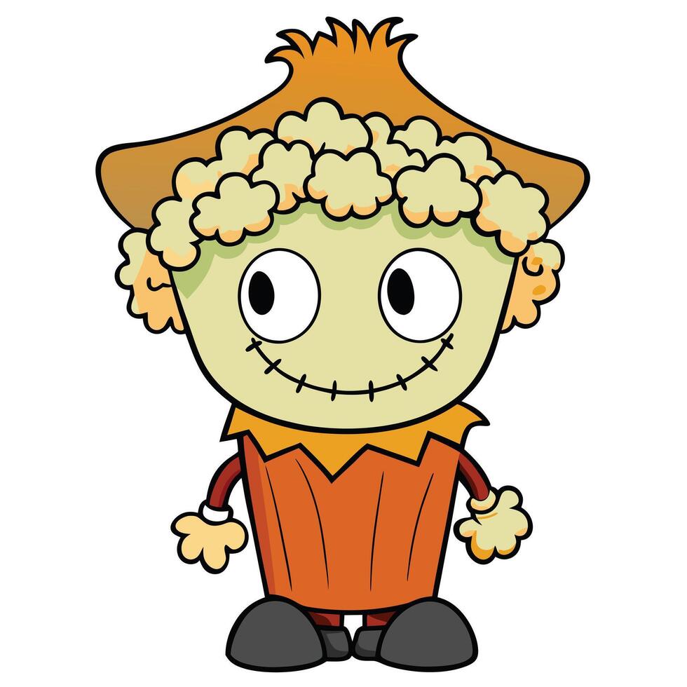 Cartoon halloween scarecrow character with big eyes and smiling stitched mouth vector