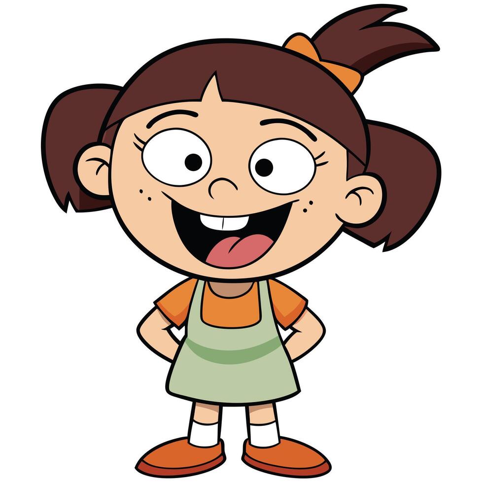Cheerful cartoon girl with pigtails smiling happy illustration character art vector