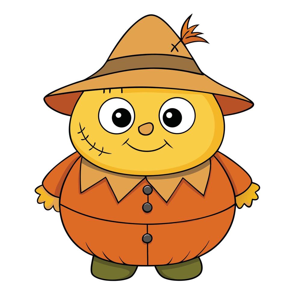 Cute cartoon scarecrow with friendly face and orange hat for halloween season vector