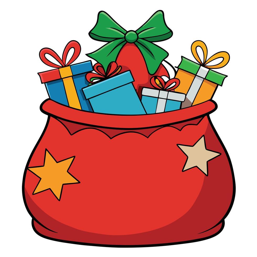 Cartoon santa sack overflowing with colorful christmas gifts and green bow vector