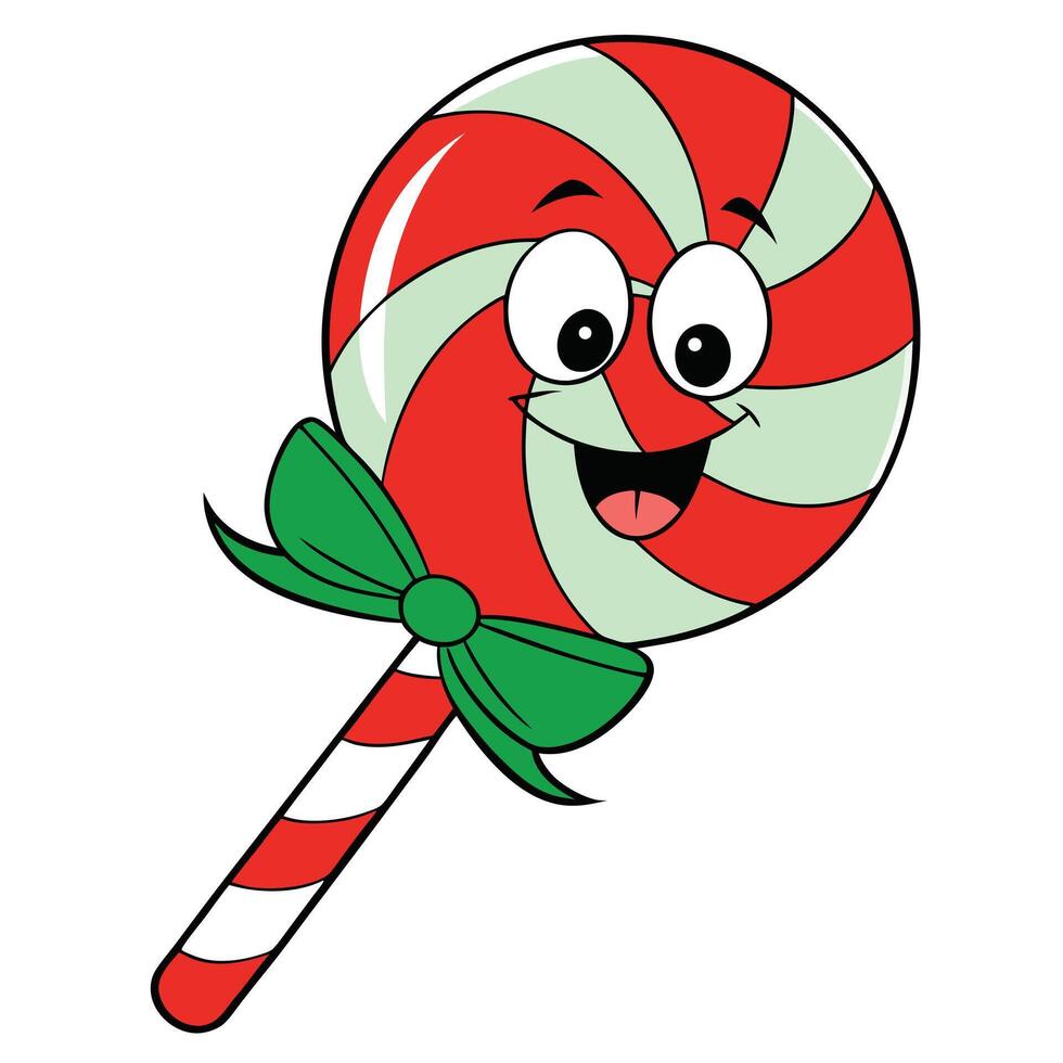 Cartoon candy cane character with green bow for festive holiday designs vector