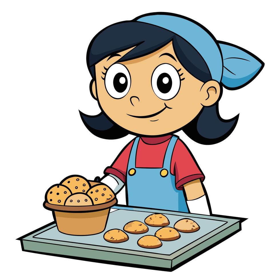 Cartoon girl baker holding freshly baked cookies in tray and a bowl vector