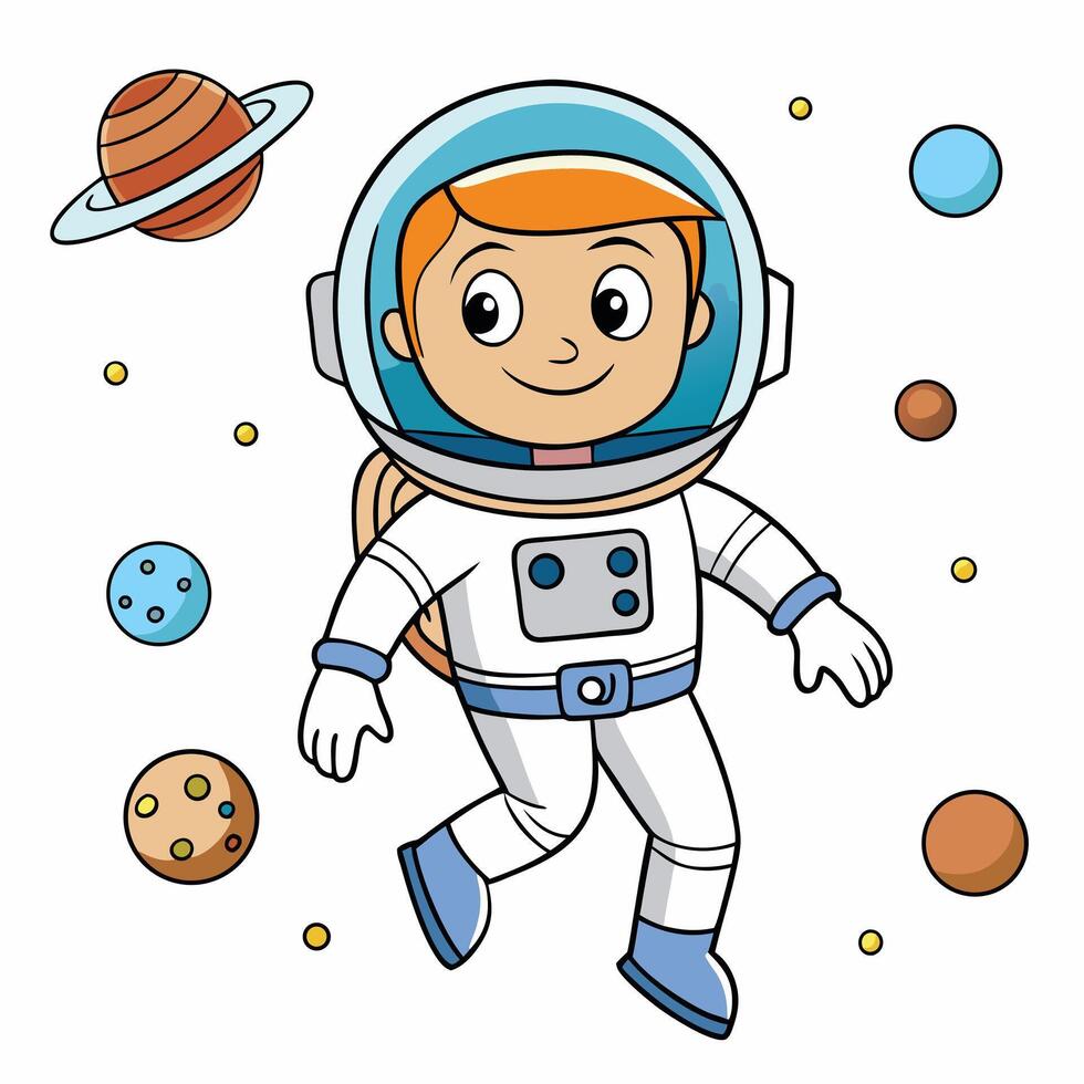 Cartoon astronaut floating in space among planets and stars illustration vector