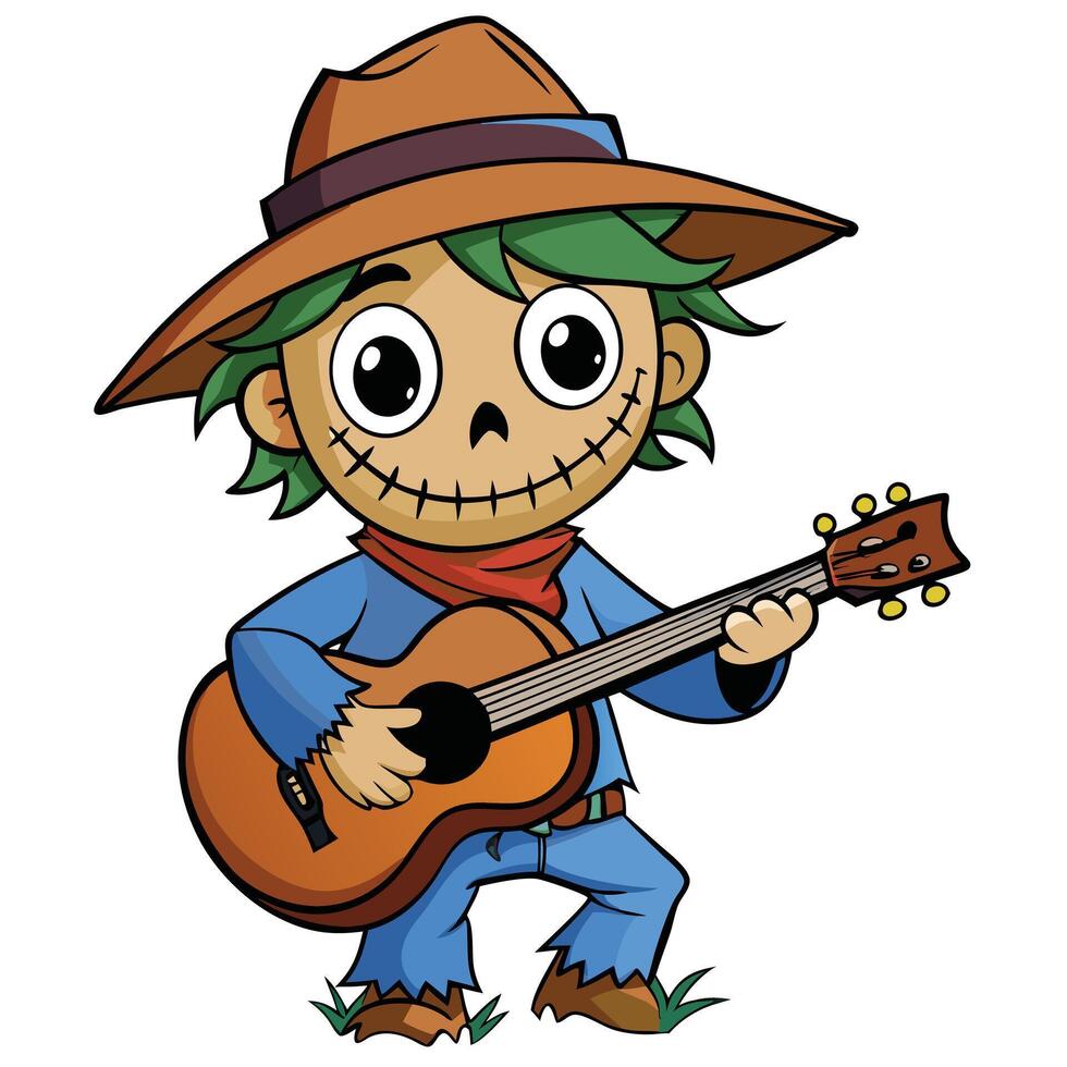 Cartoon scarecrow playing guitar illustration for autumn harvest themes and halloween vector