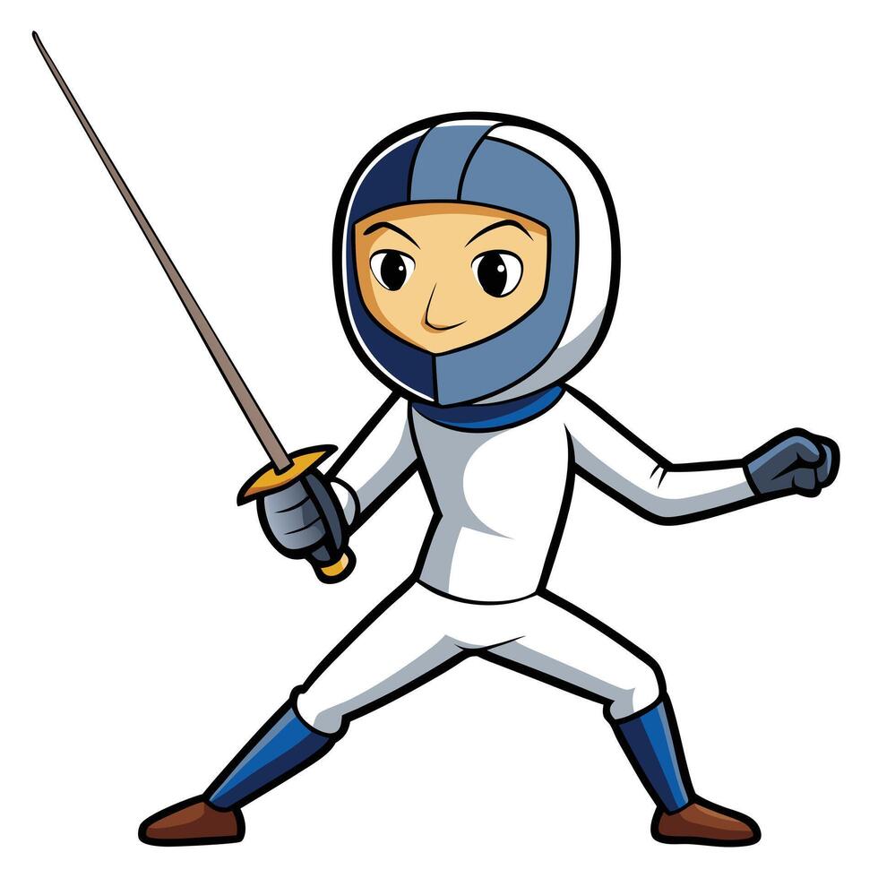 Cartoon fencer in defensive stance with foil sword ready for duel vector