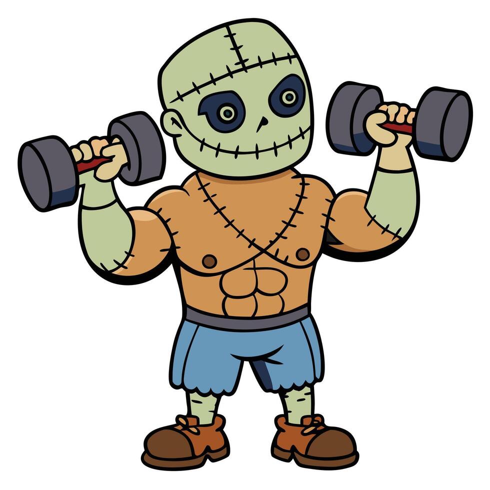 Cartoon frankenstein monster lifting weights fitness and exercise illustration vector