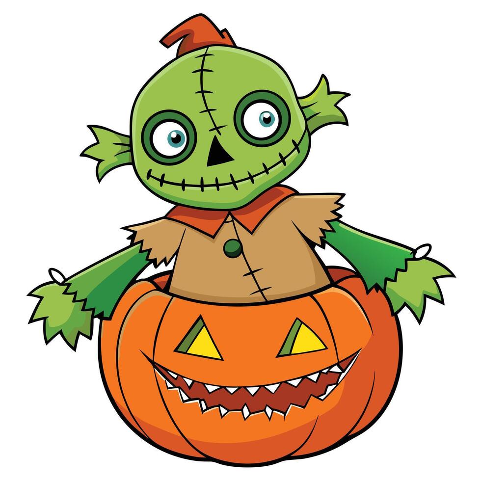 Cartoon halloween illustration of a green scarecrow in a pumpkin container vector
