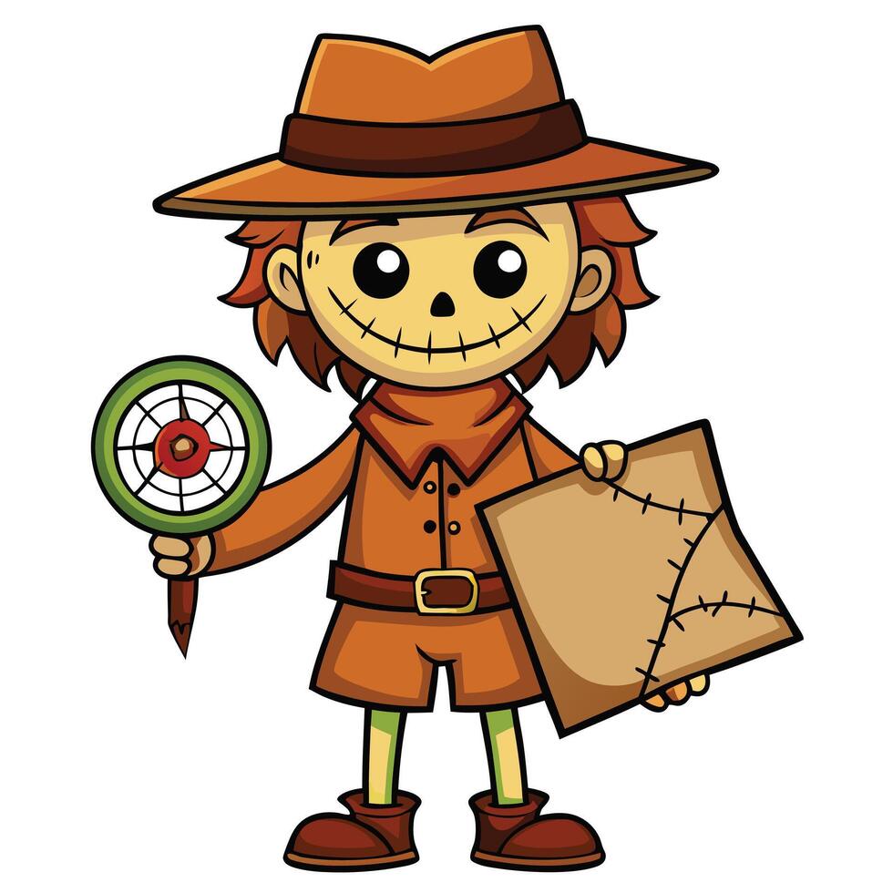 Cartoon halloween scarecrow character holding a letter and compass illustration vector