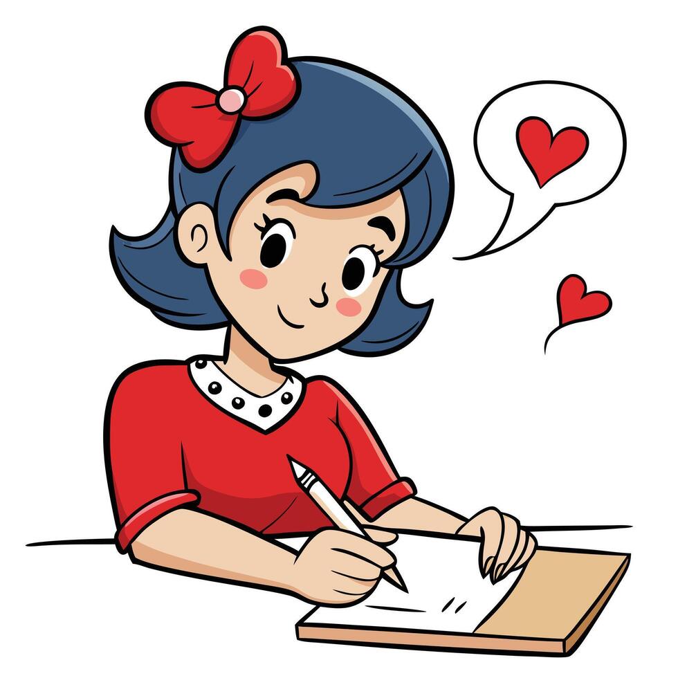 Cartoon girl writing a love letter with heart bubble and bow vector