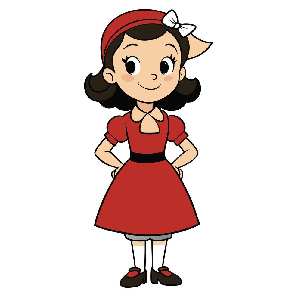 Cartoon girl in red dress with hands on hips illustration vector