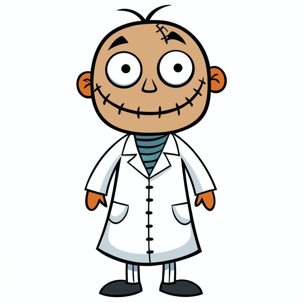 Cartoon scientist character with stitches wearing a white lab coat illustration vector