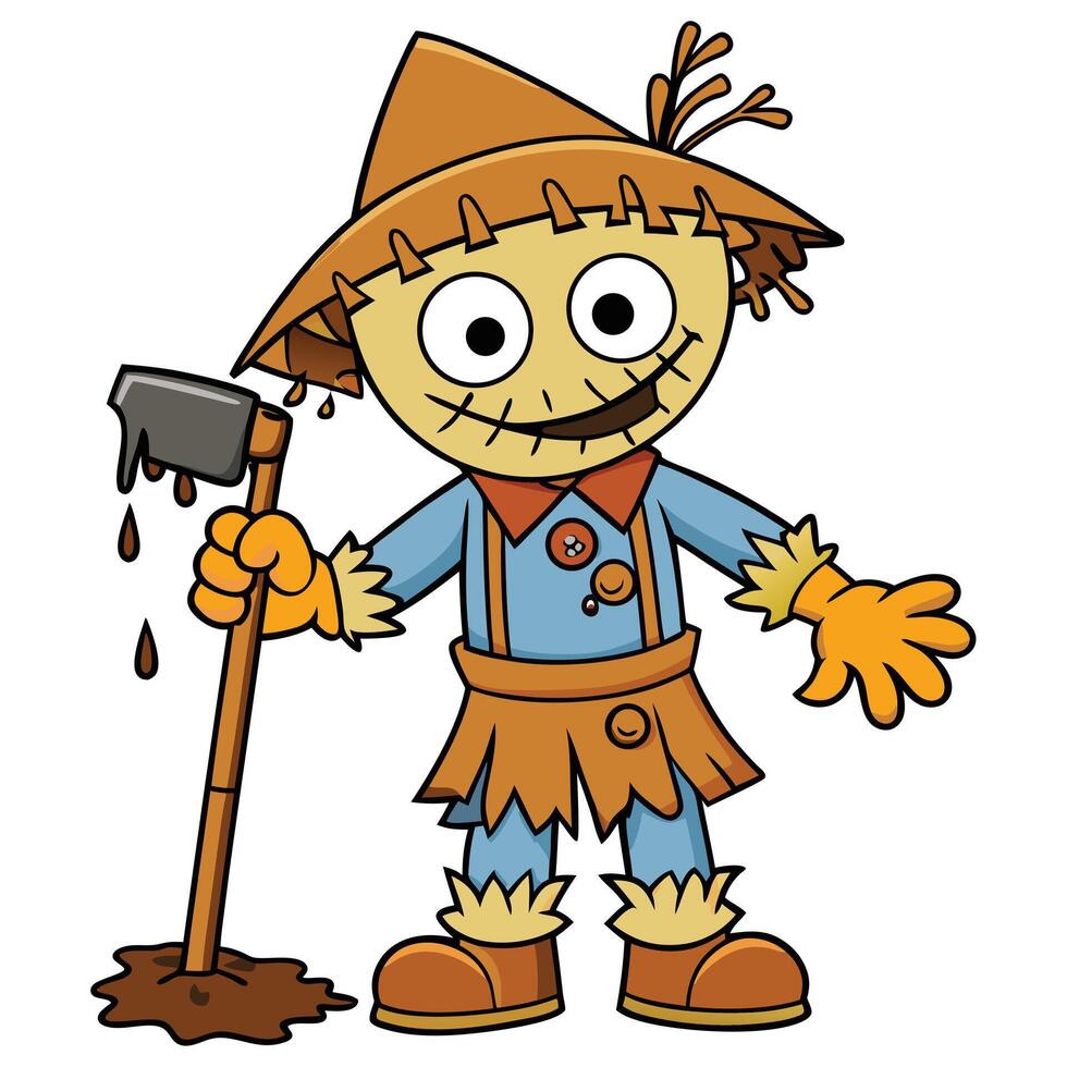 Cartoon scarecrow with axe illustration for fall decor and halloween designs vector