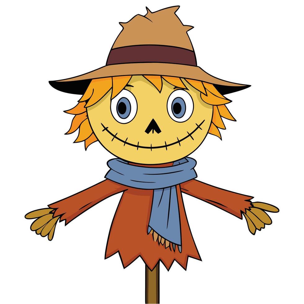 Cartoon scarecrow illustration with hat scarf and patchwork details for autumn vector