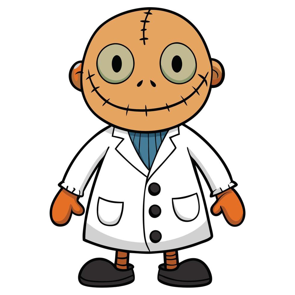 Cartoon voodoo doctor character wearing a lab coat with stitches on skin vector