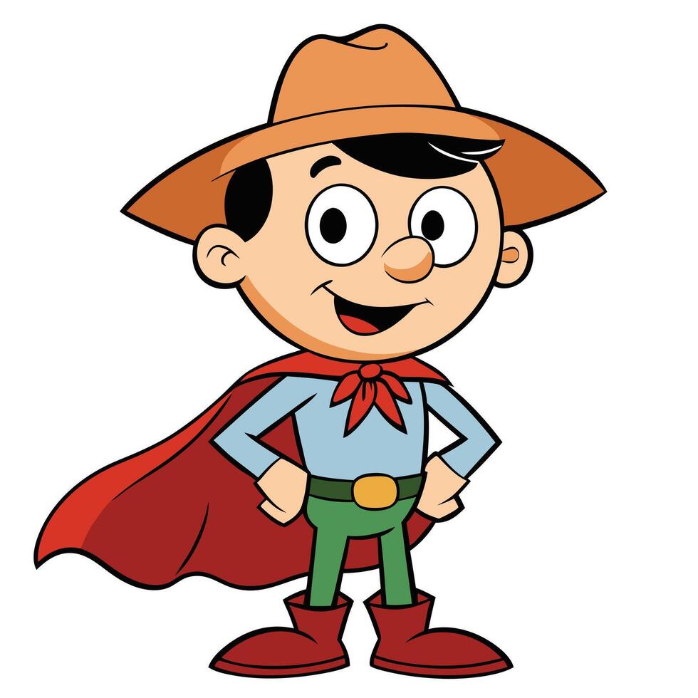 Cute cartoon cowboy character illustration smiling brightly with cape and cowboy hat vector