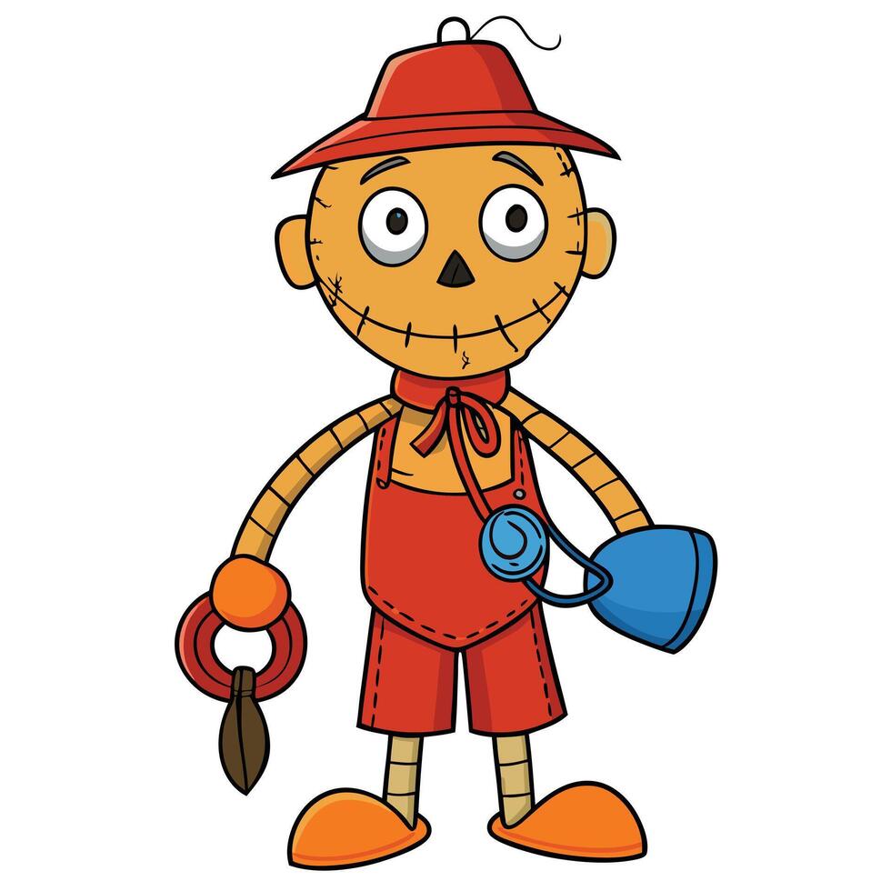 Cute cartoon scarecrow character with bucket and rake for fall designs vector