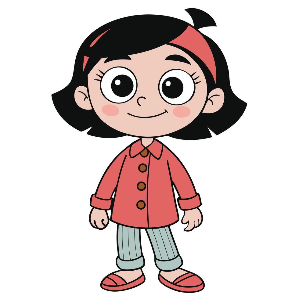 Cute cartoon girl standing posing with a smile wearing a red coat vector