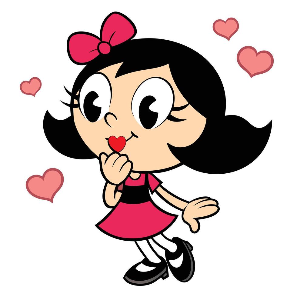 Cartoon girl blowing a kiss with hearts valentines day graphic illustration vector