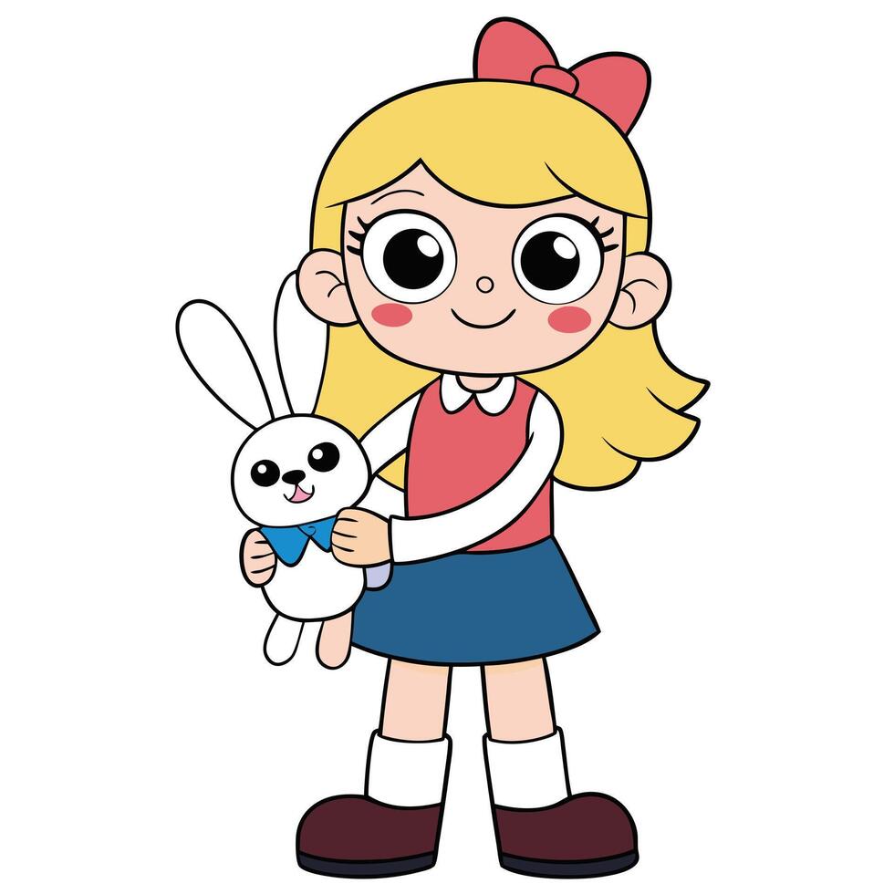 Cartoon girl holding bunny toy illustration cute child character design vector