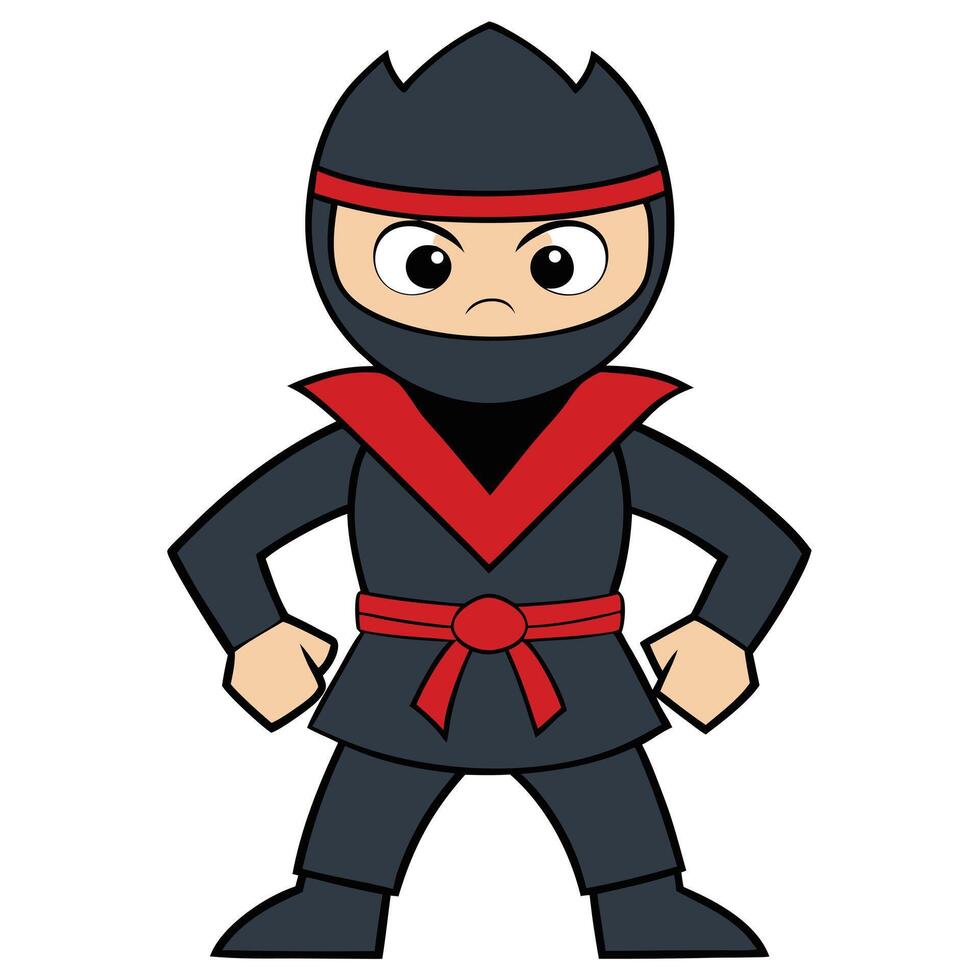 Cartoon ninja illustration character design with red accents isolated vector