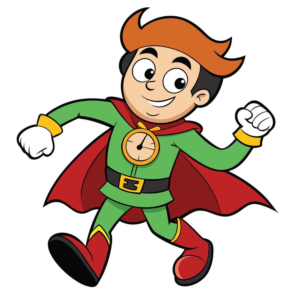 Cartoon style superhero boy with clock symbol ready to save the day vector