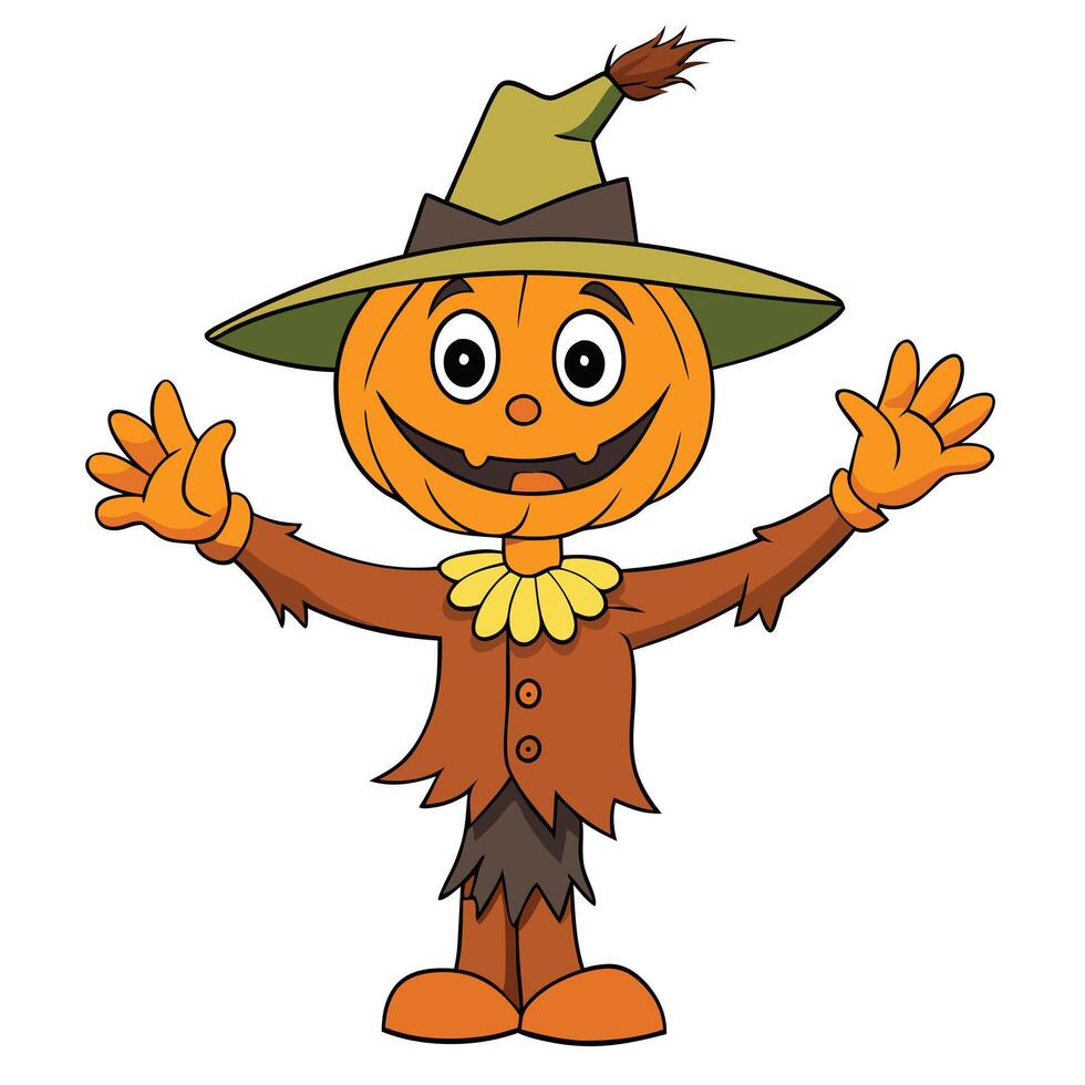 Cartoon pumpkin scarecrow with hat welcoming autumn season for halloween vector