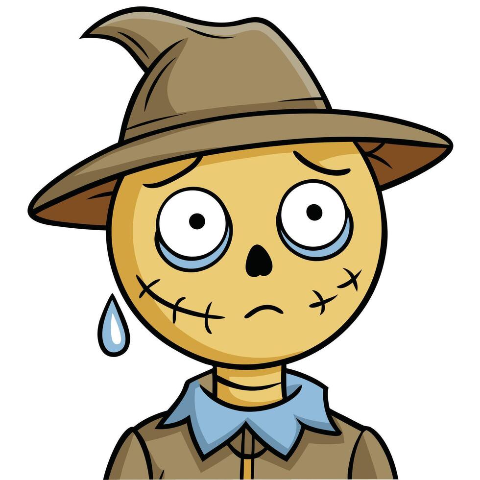 Cartoon illustration of a sad scarecrow with tears and a hat vector
