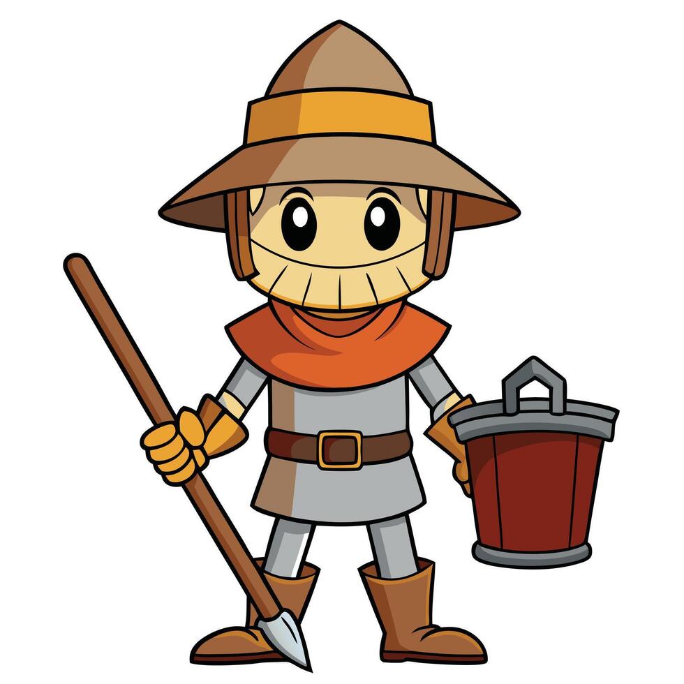 Cartoon farmer character holding a shovel and bucket ready for harvest vector