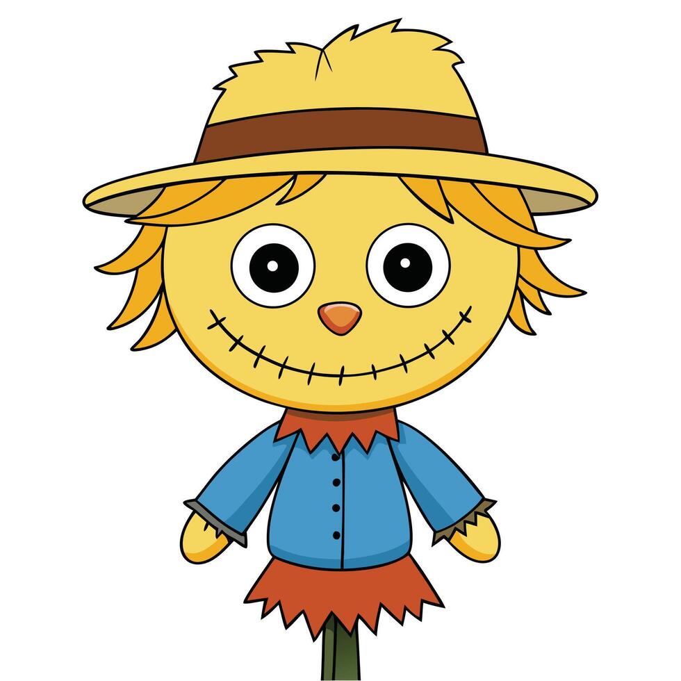 Cute cartoon scarecrow character illustration wearing a hat for autumn and halloween vector
