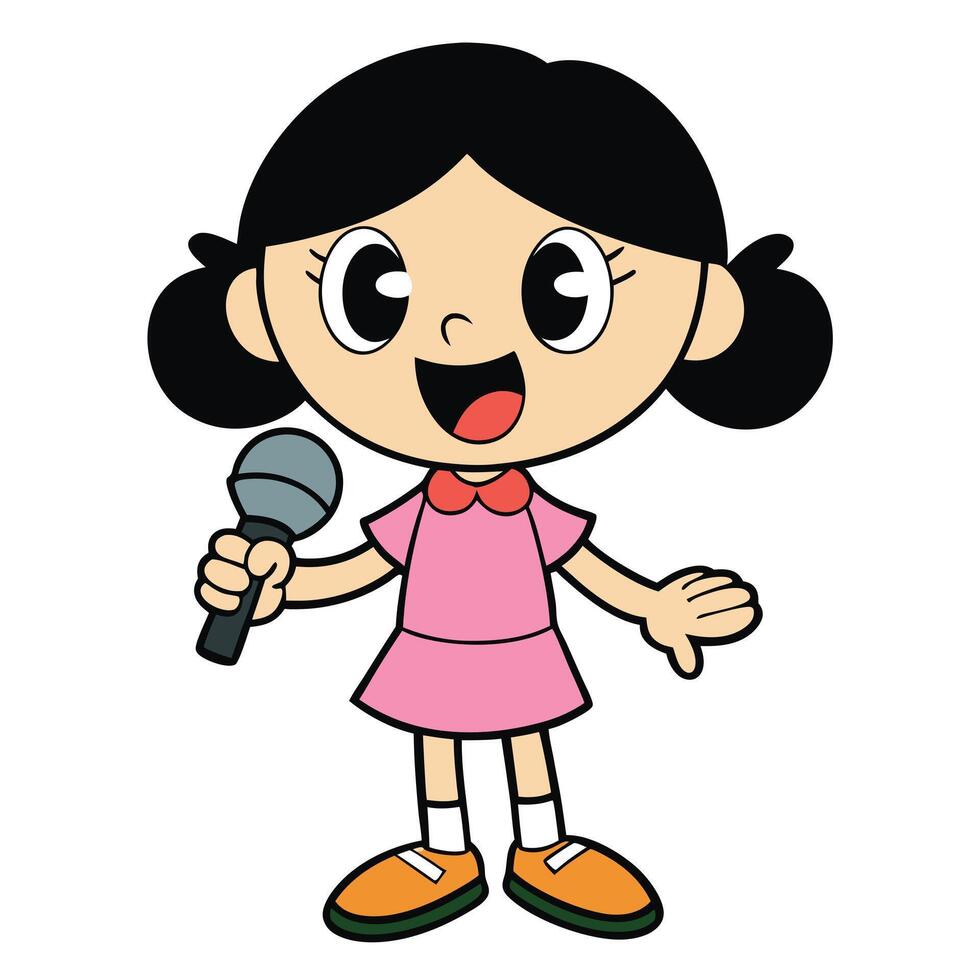 Cute cartoon girl holding microphone singing song or giving speech vector