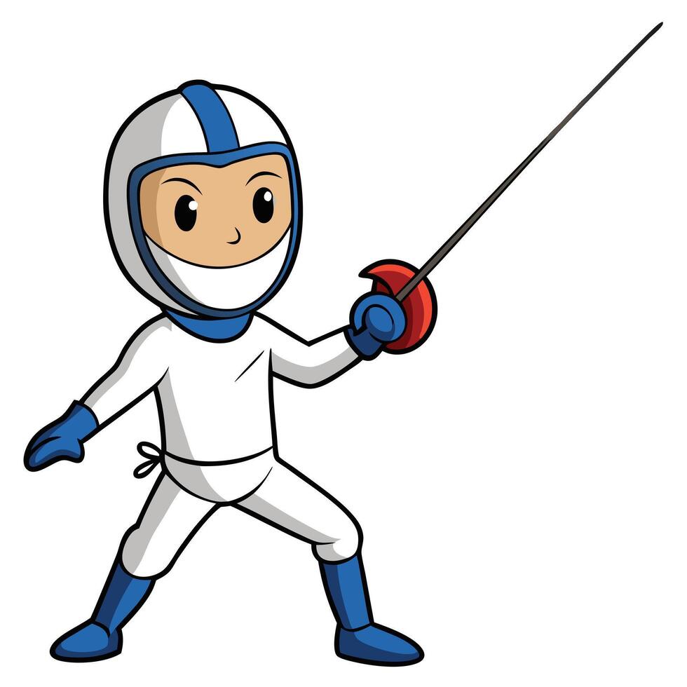 Cartoon fencer in white suit and blue trim ready to duel with foil vector