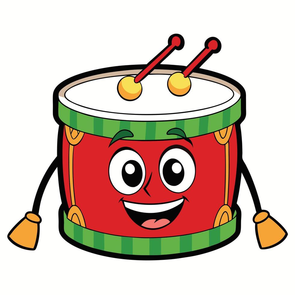 Cartoon drum with happy face and drumsticks fun musical instrument illustration vector