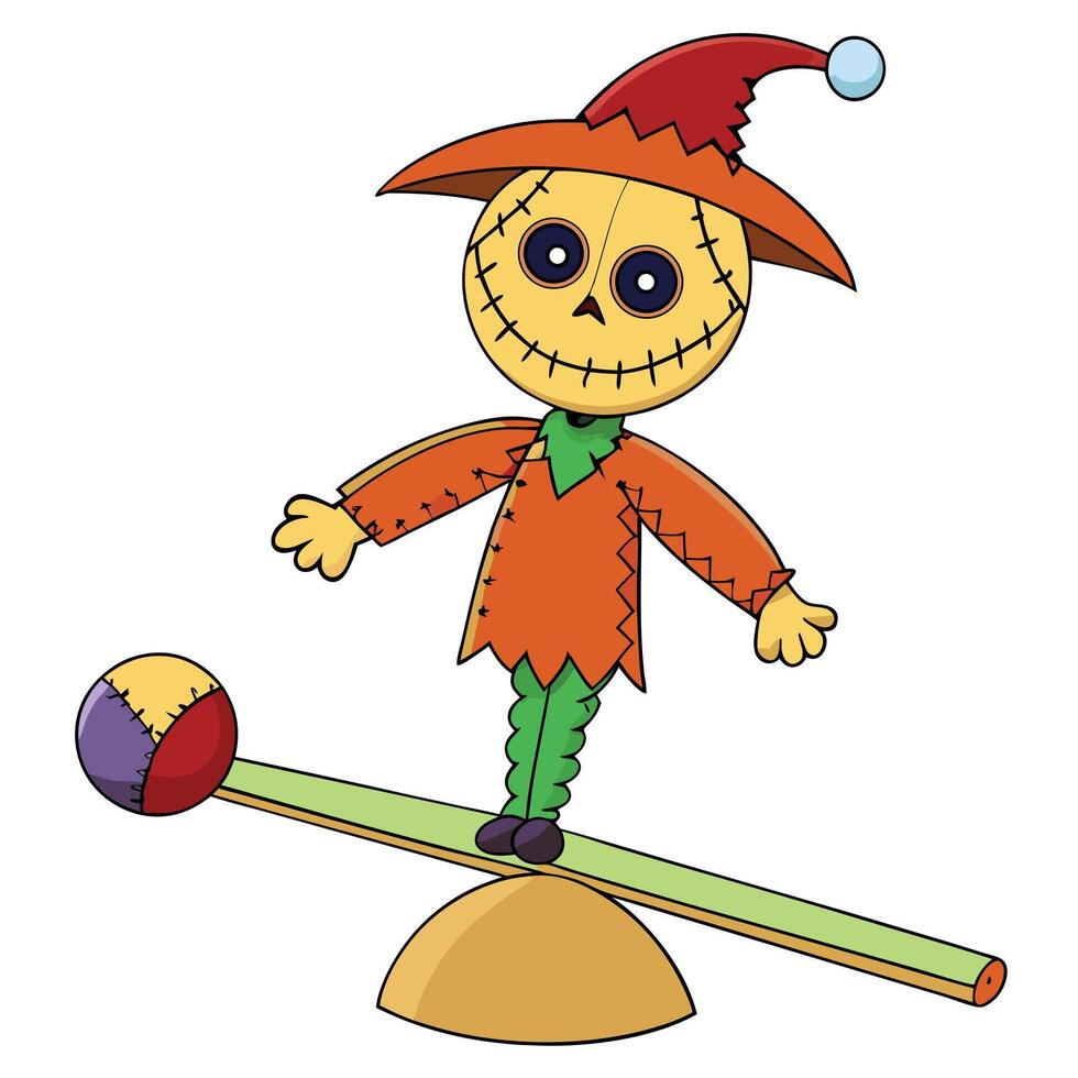 Cute cartoon scarecrow balancing on a seesaw with a ball illustration vector