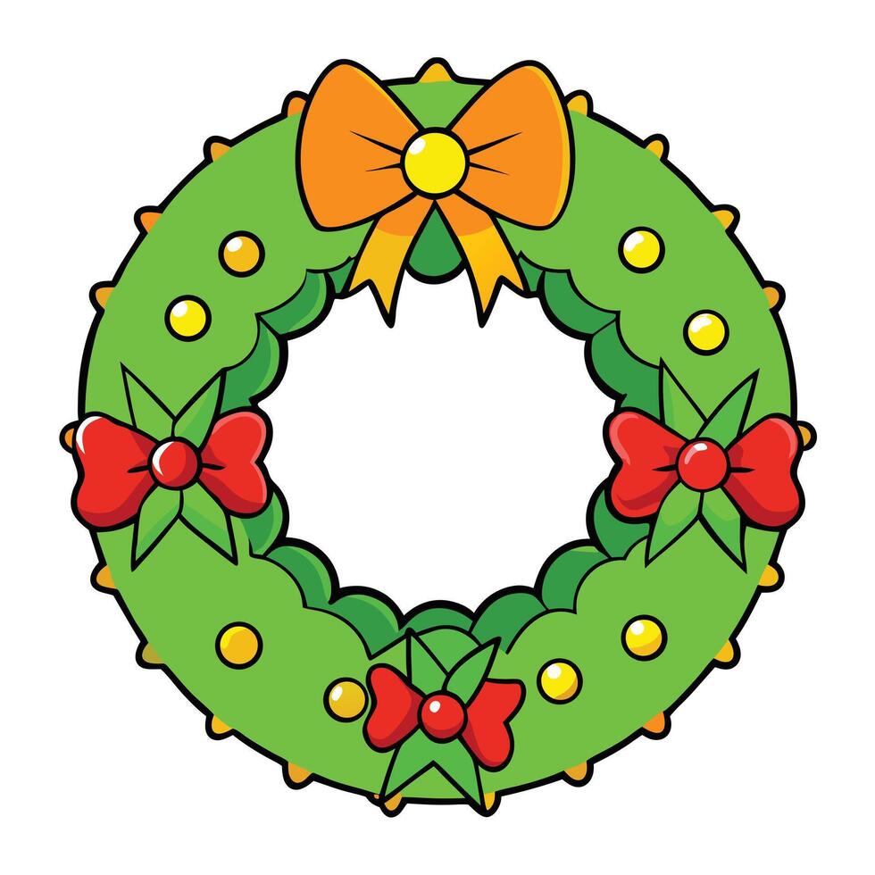 Cartoon christmas wreath with red and orange bows cute holiday decoration vector