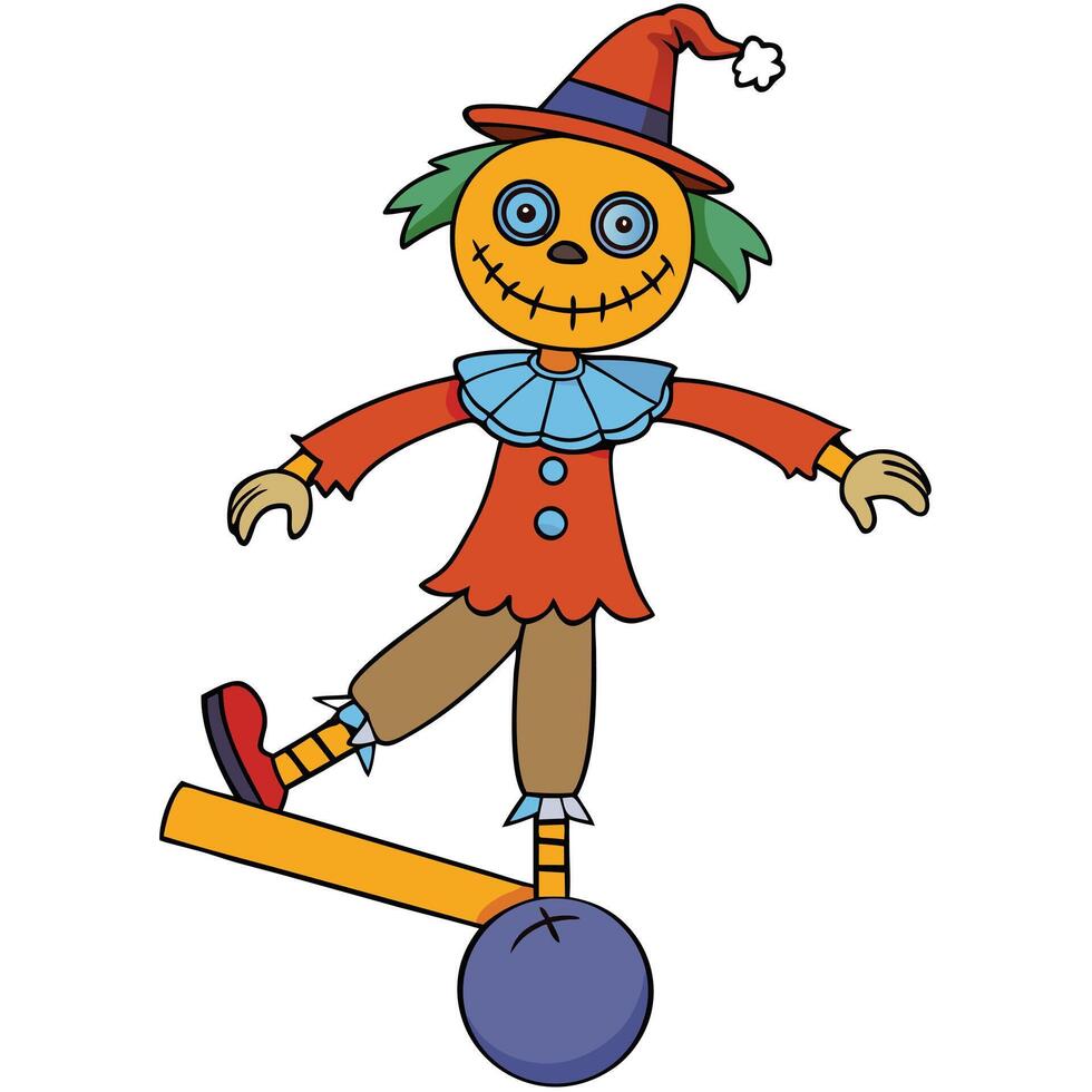 Cartoon scarecrow balancing on a ball halloween character illustration vector