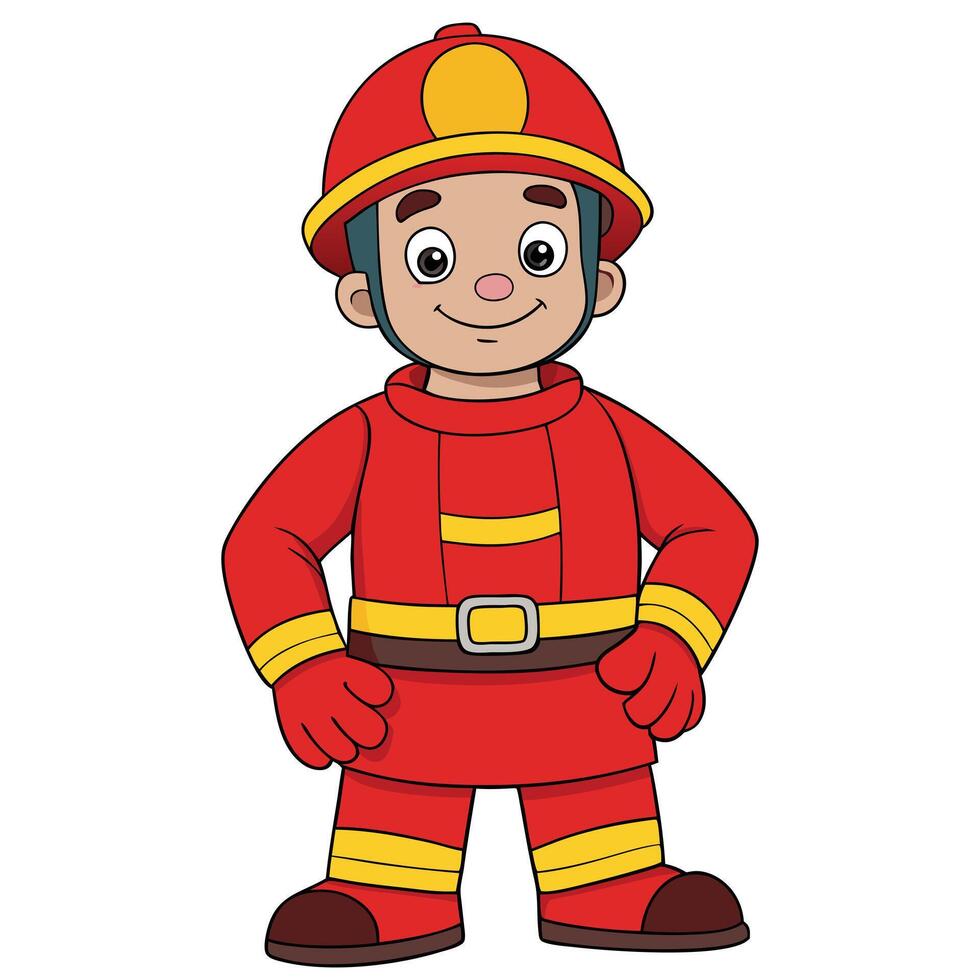 Cartoon illustration of a young boy dressed as a firefighter with helmet vector