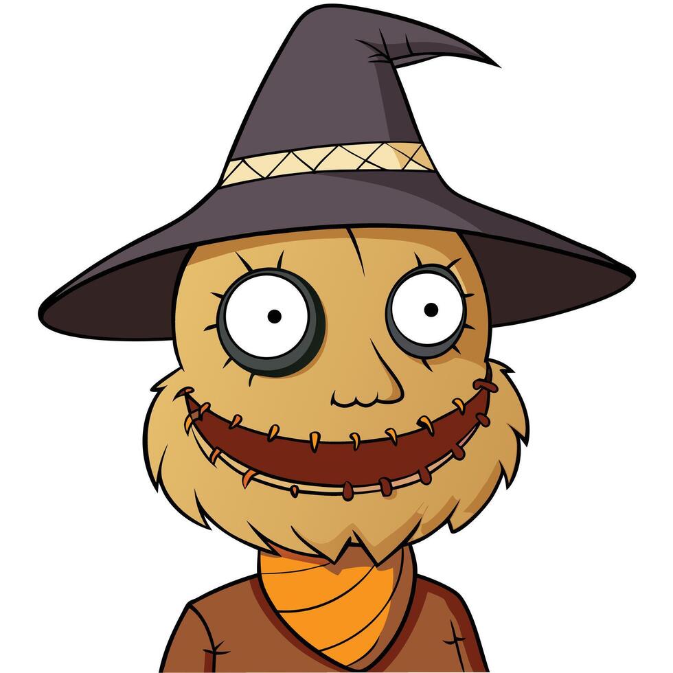 Cartoon scarecrow character illustration with hat and stitched smile halloween design vector