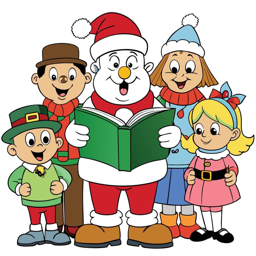 Cartoon characters celebrate christmas reading a story together illustration vector