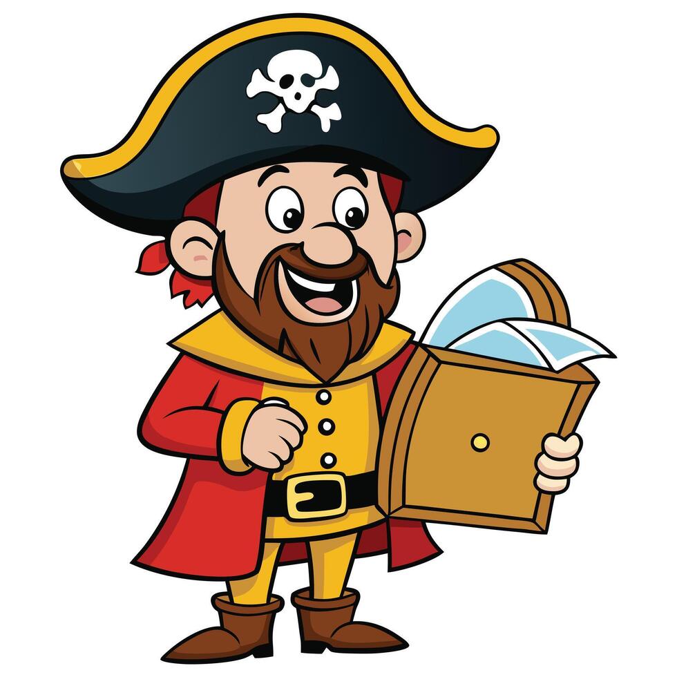 Cartoon pirate holding open treasure chest filled with jewels and gold vector