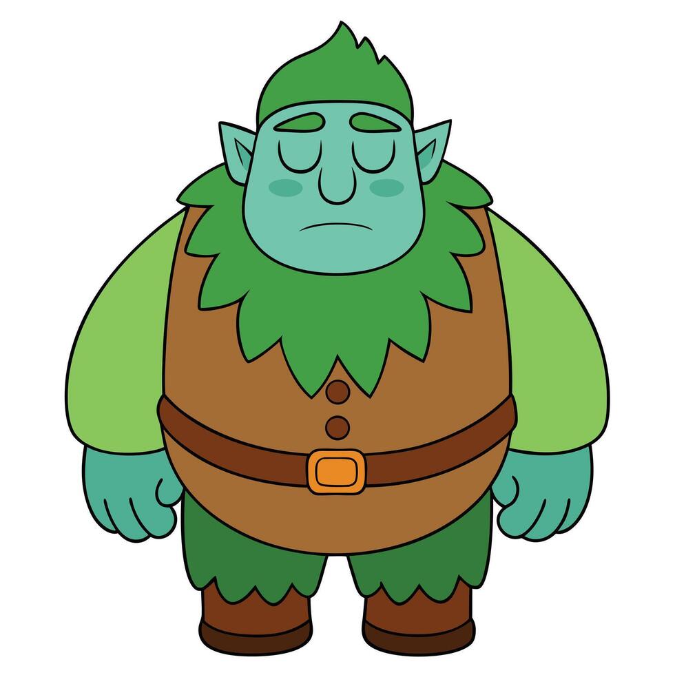 Cartoon forest troll with sad expression wearing brown vest and belt vector