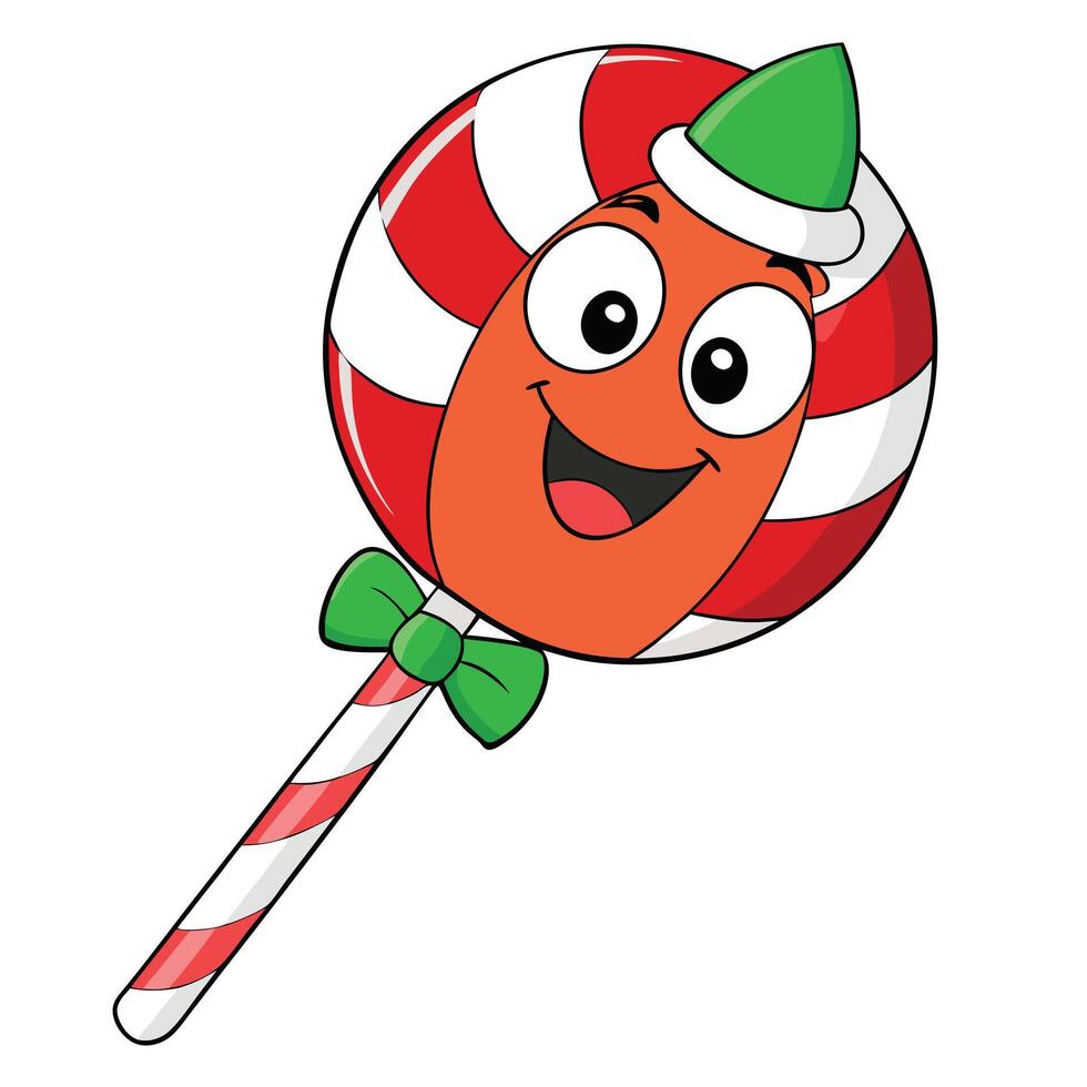 Happy christmas lollipop character with elf hat and green bow illustration vector