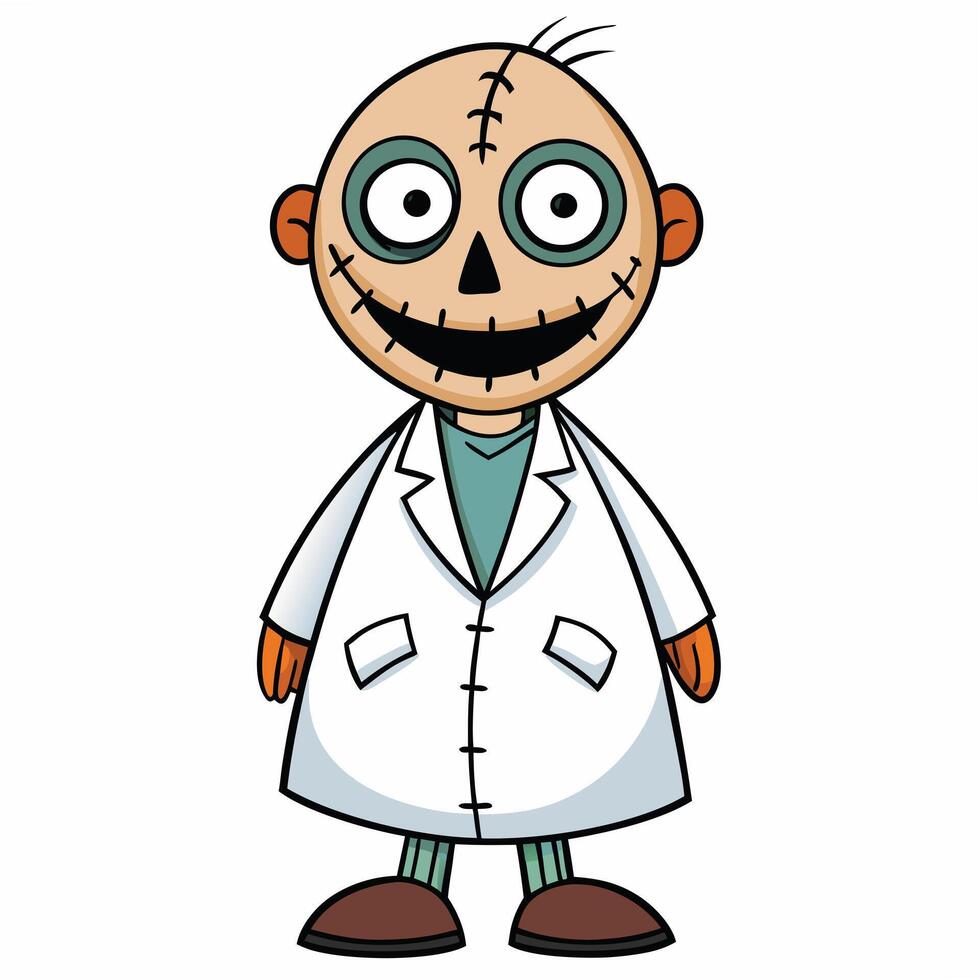 Cartoon halloween doctor character medical scientist cute monster stitched face illustration vector