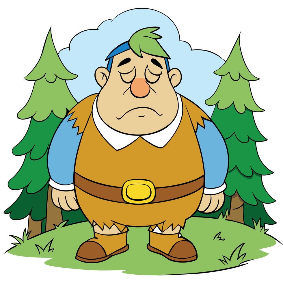 Cartoon illustration of a sad giant standing in a forest landscape vector