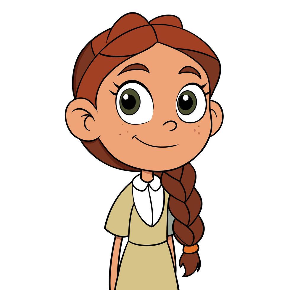 Cartoon girl illustration with braided hair and friendly expression on white background vector