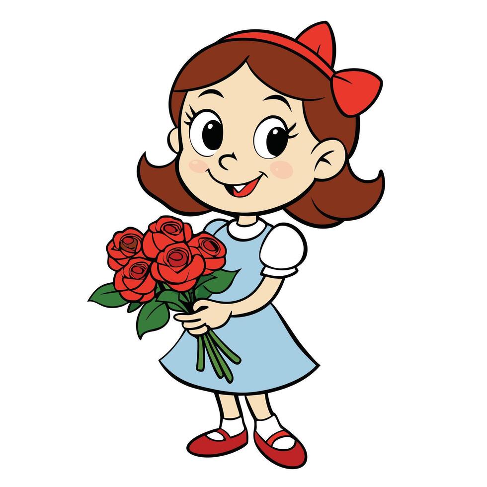 Cute cartoon girl holding a bouquet of red roses in hand vector