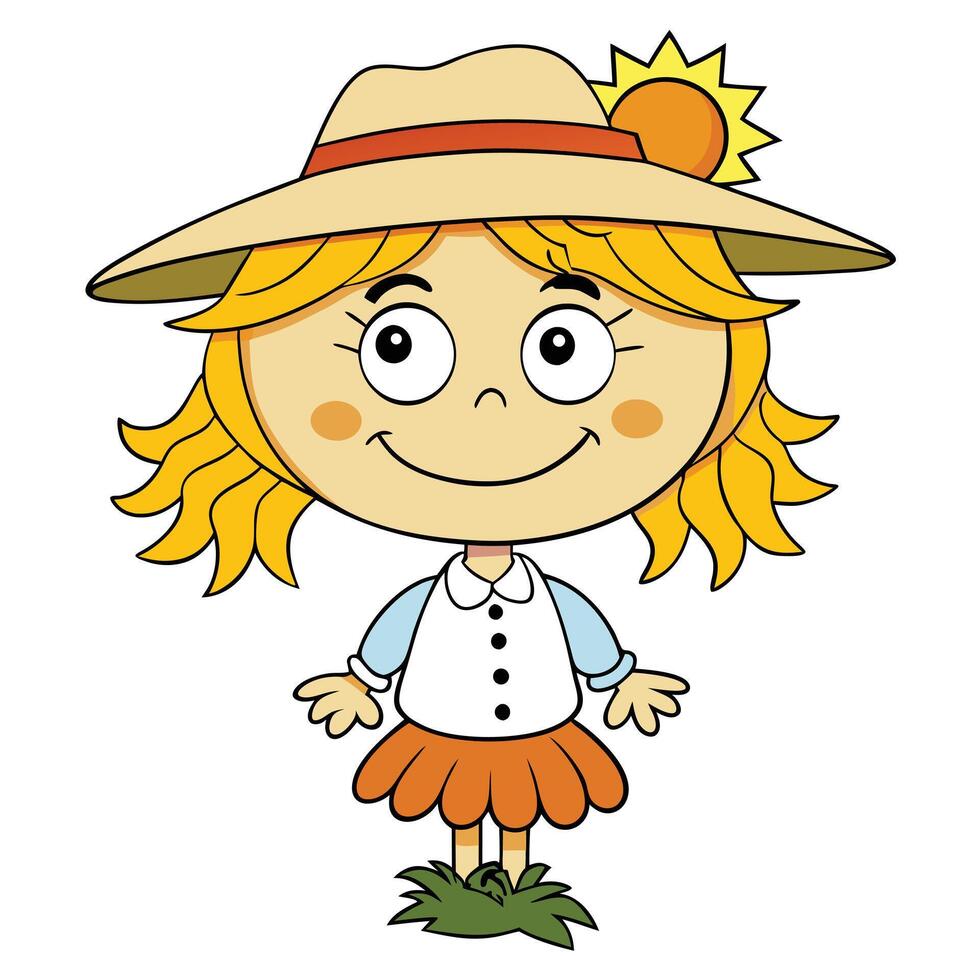 Cute girl cartoon character wearing summer hat with sunflower illustration vector
