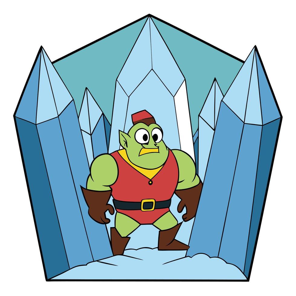 Cartoon orc character in red outfit with ice crystal background illustration vector