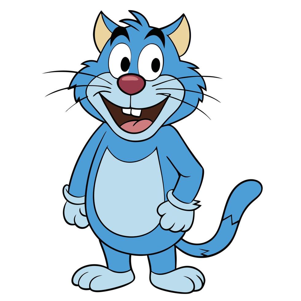 Cheerful blue cartoon cat mascot character standing upright with a happy smile vector