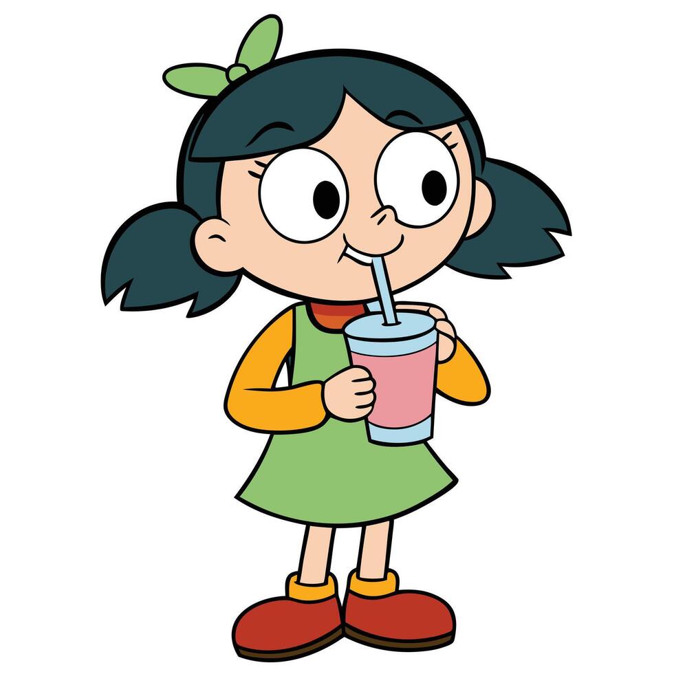 Cartoon girl enjoying refreshing drink cute character with straw in cup vector